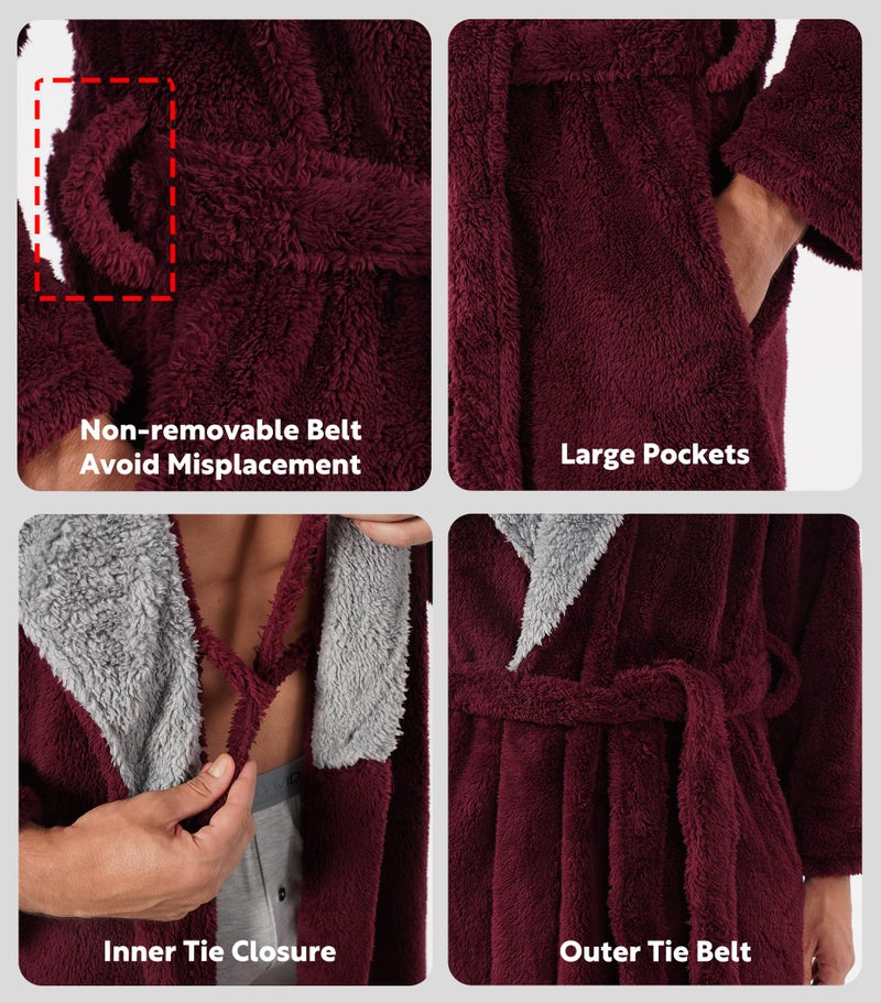 DAVID ARCHY Men's Soft Plush Fleece Robe Full Length Hooded Long Bathrobe for Men with Hood (L, Red- Shu Velveteen) - Image 4
